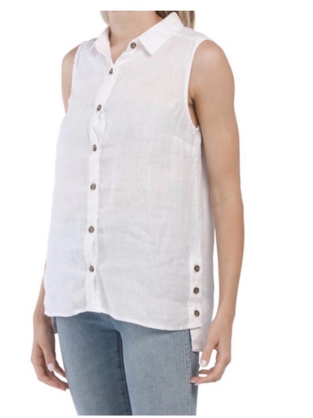 Sleeveless Button-Front Linen Blend Shirt - White